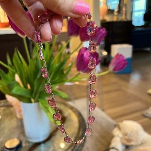 Art Deco pink paste Riviere necklace in silver. Cushion cut. 14 inches.